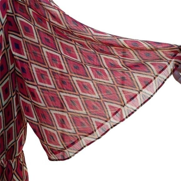 Badgley Mischka Mod Ikat Sheer Kimono Sleeve Beaded V-neck Cinched Top Red Sz L - Picture 8 of 16